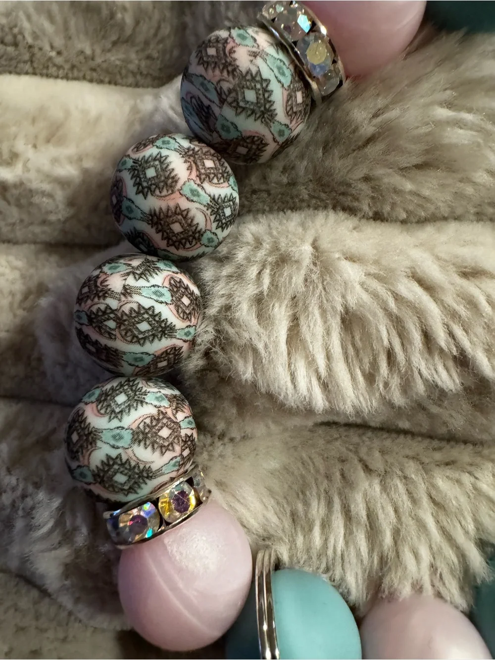 Handmade Pink & Aqua Bead Stretch Bracelet with Patterned Accents